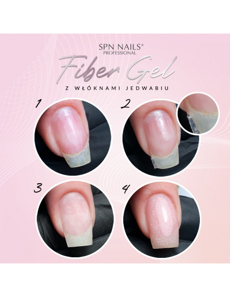 Infografika prezentująca proces dobudowania brzegu paznokcia za pomocą żelu Fiber Gel