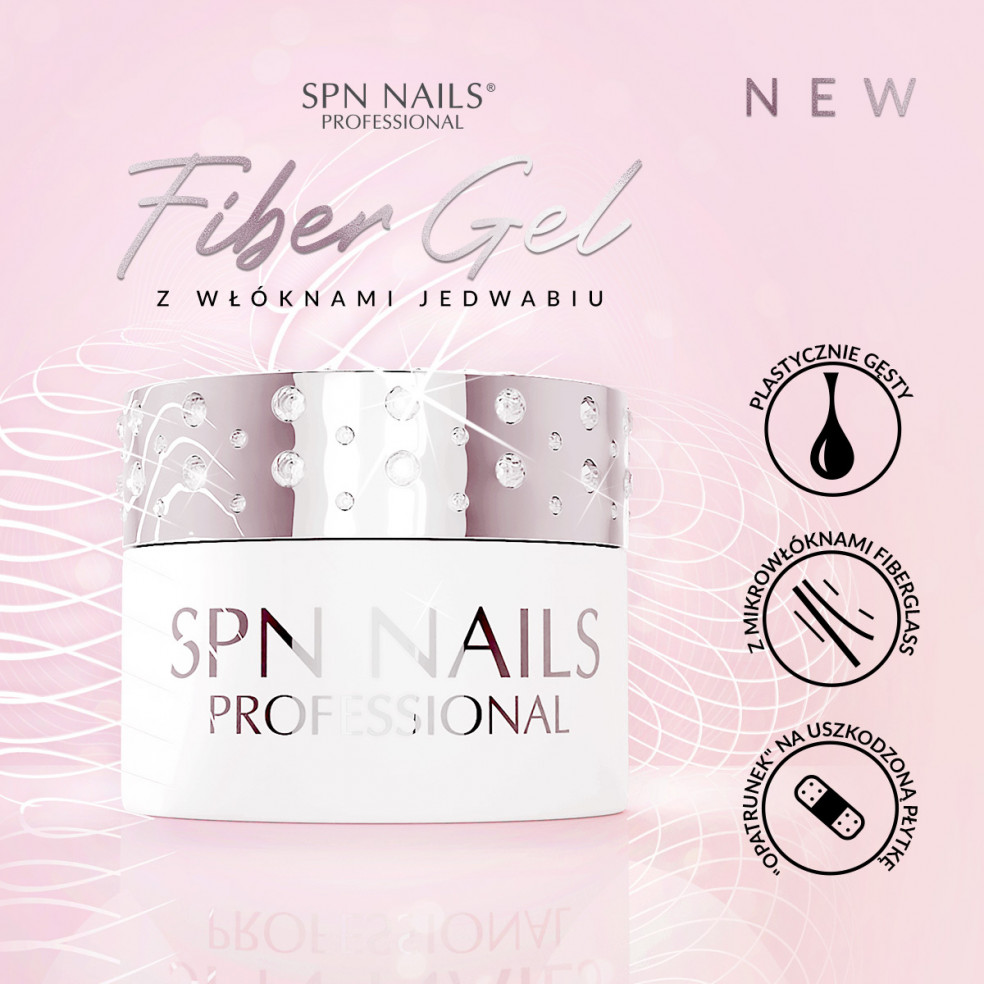 Infografika prezentująca najważniesze cechy żelu włóknami jedwabiu Fiber Gel SPN Nails
