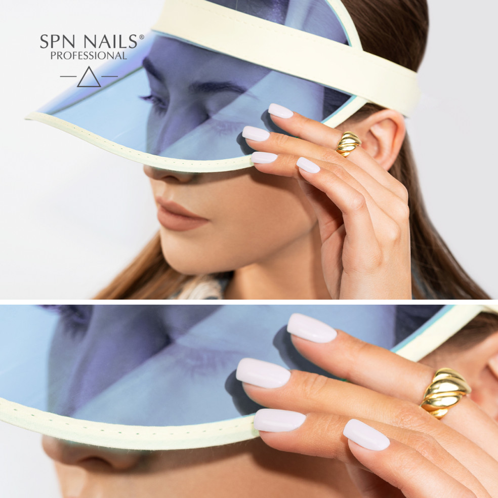 Kolaż zdjęć prezentujący ujęcia z bliska i z daleka na paznokcie pomalowane mlecznym beżowym lakierem hybrydowym