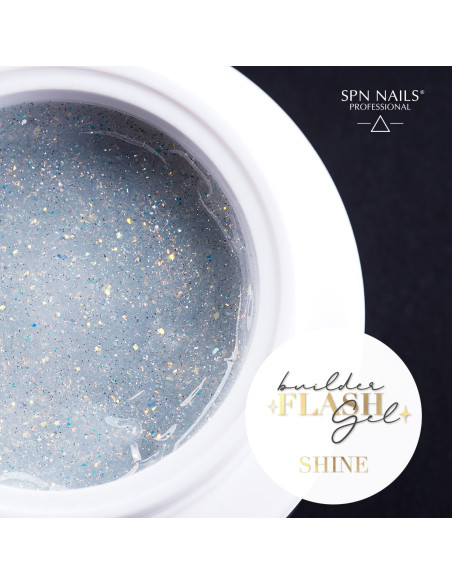 Zbliżenie na żel budujący z drobinkami flash w kolorze złotym Builder Flash Gel Shine Zbliżenie na żel budujący z drobinkami flash w kolorze złotym Builder Flash Gel Shine