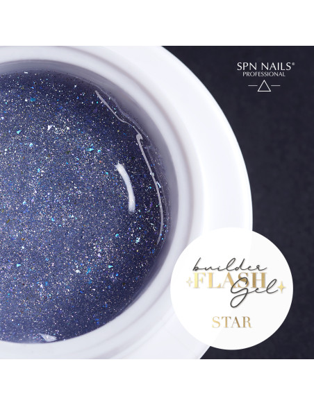 Zbliżenie żel Builder Flash Gel Star pełen mieniących się drobinek flash w kolorze niebieskim 20g Zbliżenie żel Builder Flash Gel Star pełen mieniących się drobinek flash w kolorze niebieskim 20g