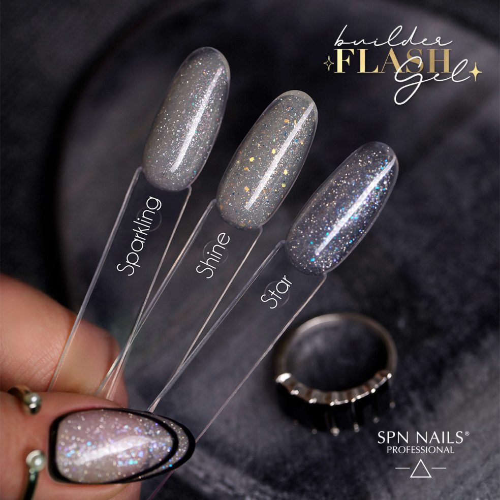Wzorniki prezentujące różne odcienie żelu do przedłużania z drobinkami flash: Sparkling, Shine, Star Wzorniki prezentujące różne odcienie żelu do przedłużania z drobinkami flash: Sparkling, Shine, Star