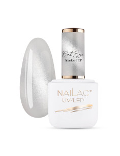 Butelka z topem hybrydowym Nailac i tipsem w pomalowanym srebrnym magnetycznym topem z efektem Cat Eye  Sparkle NaiLac 7ml