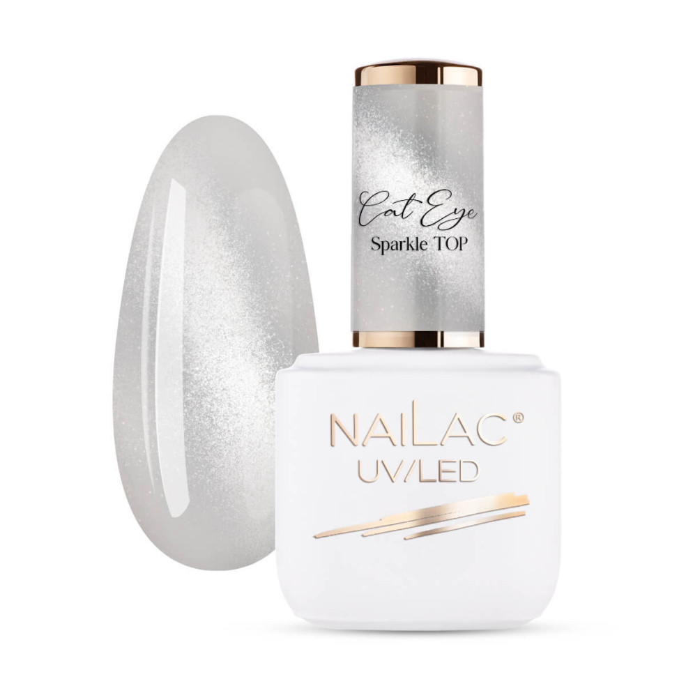 Butelka z topem hybrydowym Nailac i tipsem w pomalowanym srebrnym magnetycznym topem z efektem Cat Eye  Sparkle NaiLac 7ml