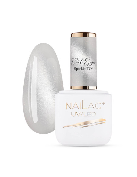 Butelka z topem hybrydowym Nailac i tipsem w pomalowanym srebrnym magnetycznym topem z efektem Cat Eye  Sparkle NaiLac 7ml Butelka z topem hybrydowym Nailac i tipsem w pomalowanym srebrnym magnetycznym topem z efektem Cat Eye  Sparkle NaiLac 7ml