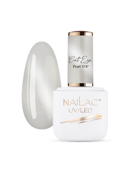 Butelka z topem hybrydowym Nailac i tipsem pomalowanym topem Cat Eye z efektem perłowej tafli Butelka z topem hybrydowym Nailac i tipsem pomalowanym topem Cat Eye z efektem perłowej tafli