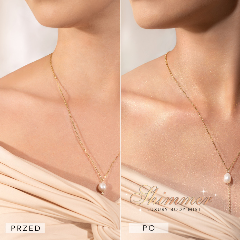 Zdjęcia prezentujące efekt przed i po spryskaniu skóry rozświetlającą mgiełką do ciała