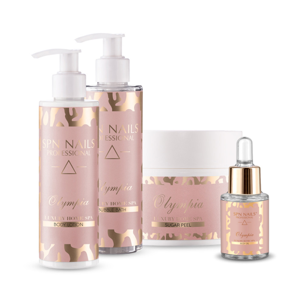 Zestaw perfumowanych kosmetyków SPA Olympia nr 3: balsam do ciała, peeling, żel do kąpieli, oliwka