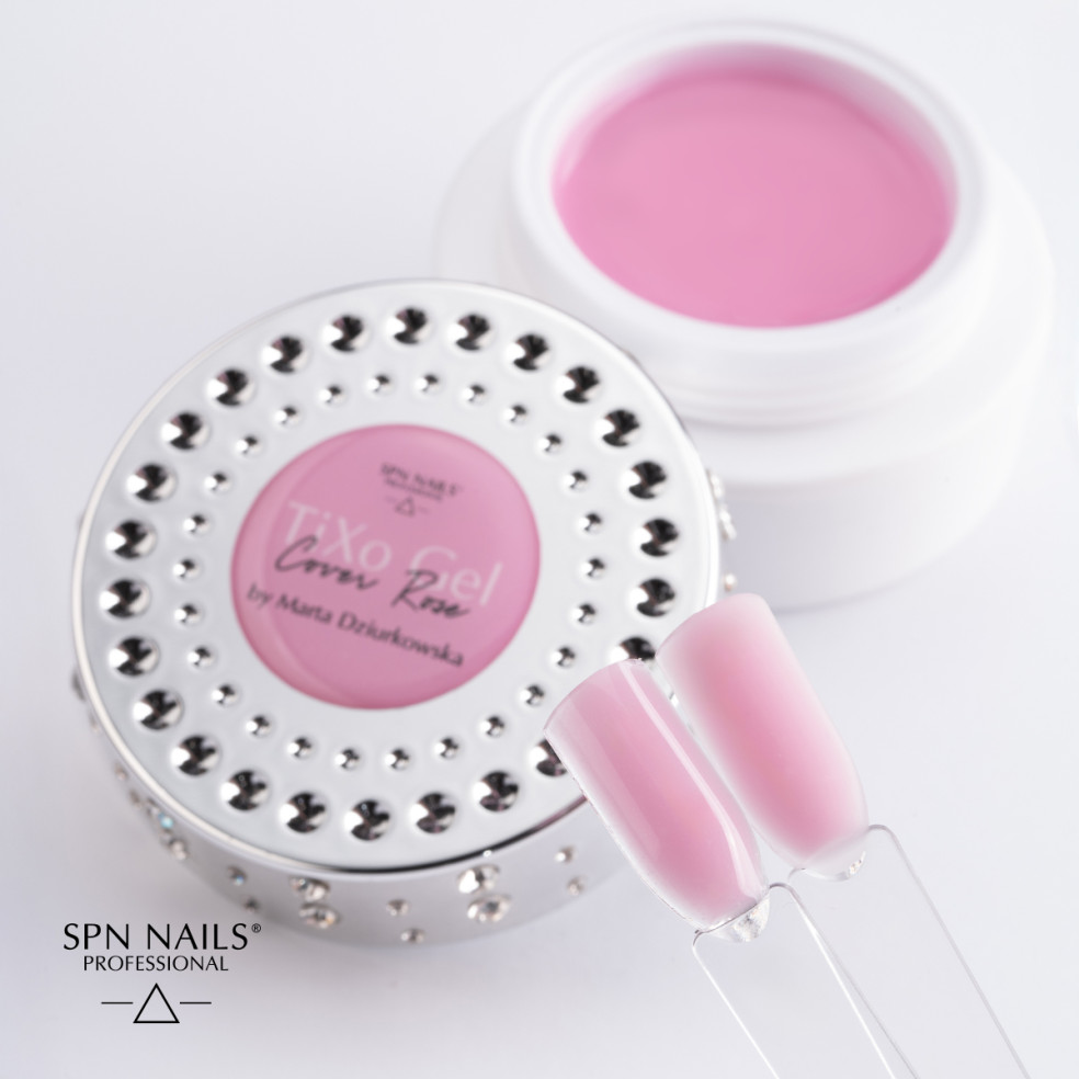 Wzorniki prezentujące różowy żel do przedłużania TiXo Gel Cover Rose by Marta Dziurkowska w błyszczącym i matowym wykończeniu