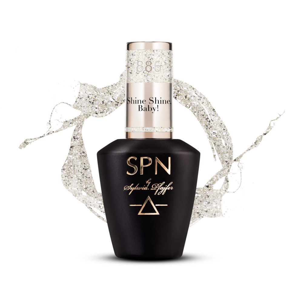 Butelka z lakierem hybrydowym i splashem w kolorze brokatowy złoty 886 Shine Shine