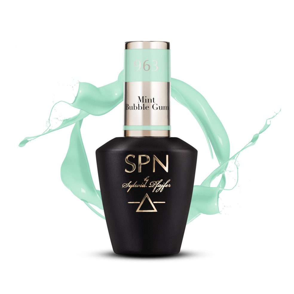 Butelka z lakierem hybrydowym i splashem w kolorze szałwiowym 963 Mint Bubble Gum UV LaQ 8ml