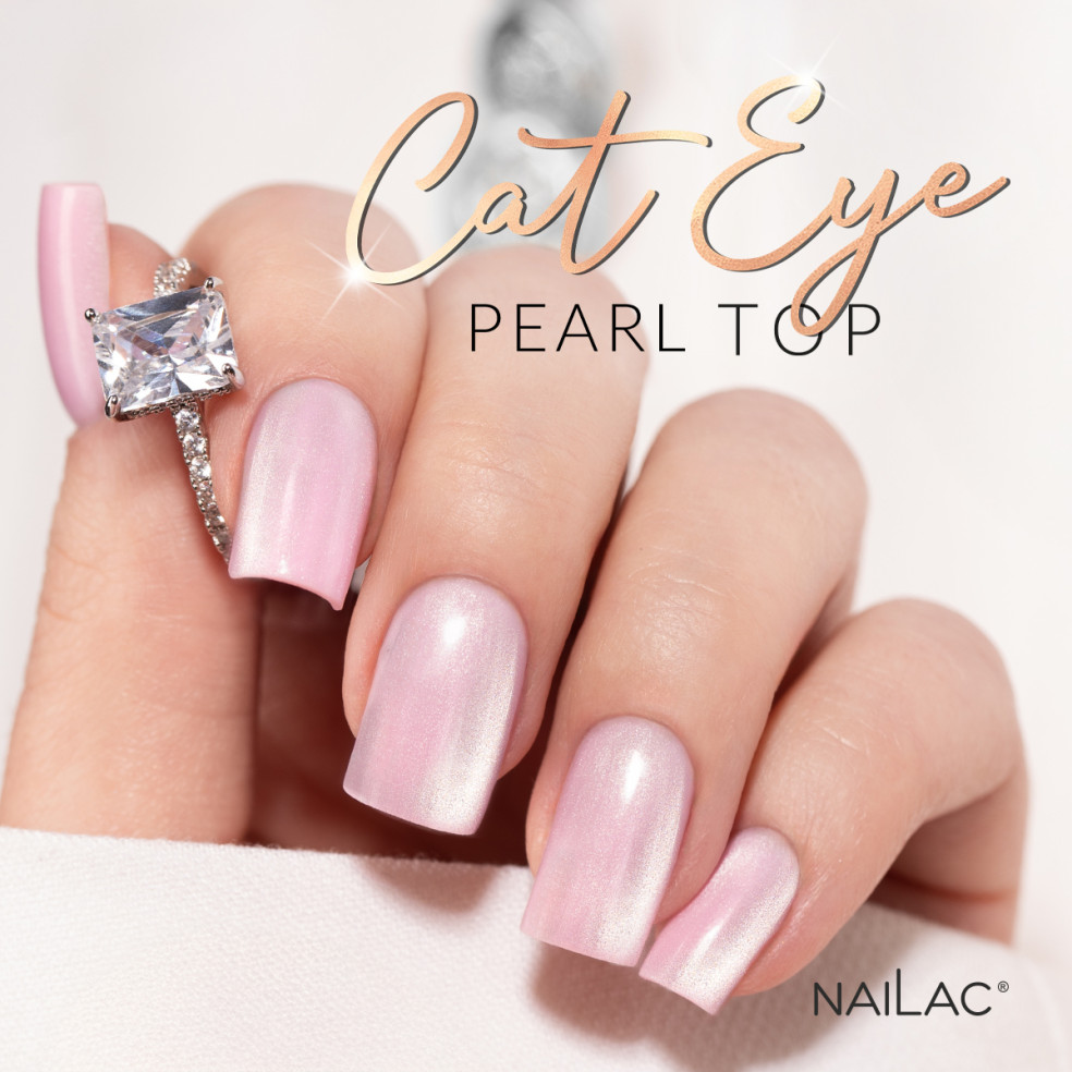 Manicure hybrydowy wykonany za pomocą topu hybrydowego Cat Eye Pearl