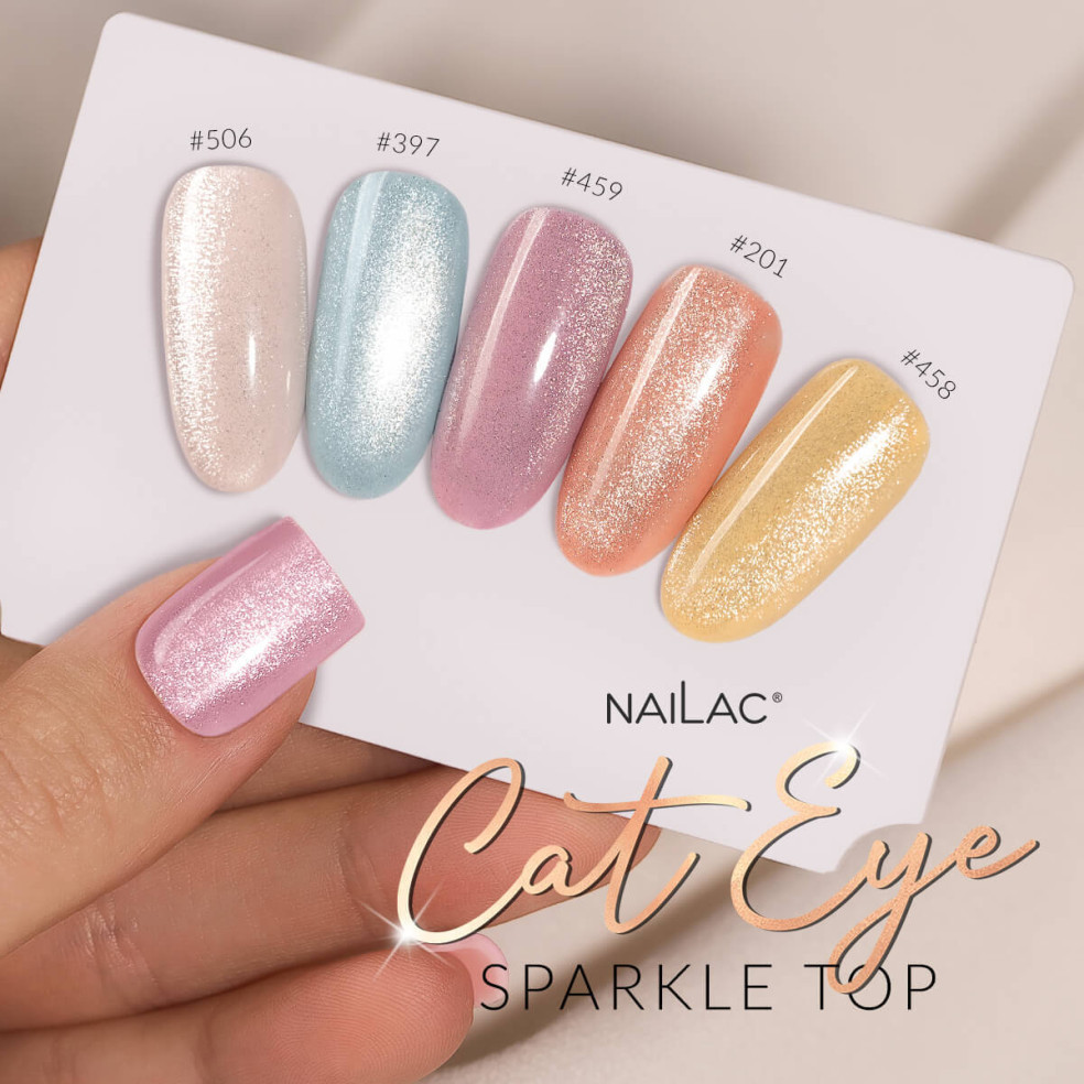 Kolorowe wzorniki pokryte topem hybrydowym Cat Eye Sparkle z efektem flash