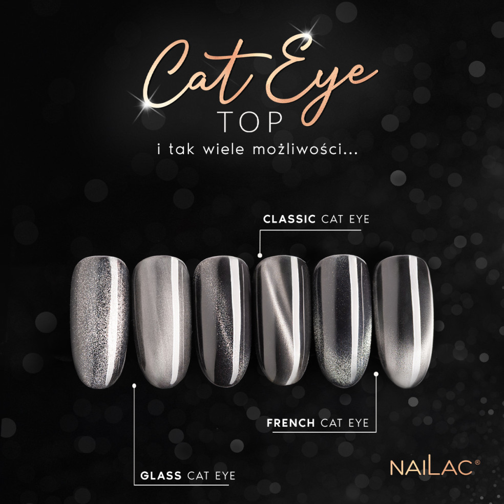 Różne możliwości zdobień wykonanych za pomocą topu Cat Eye z efektem flash