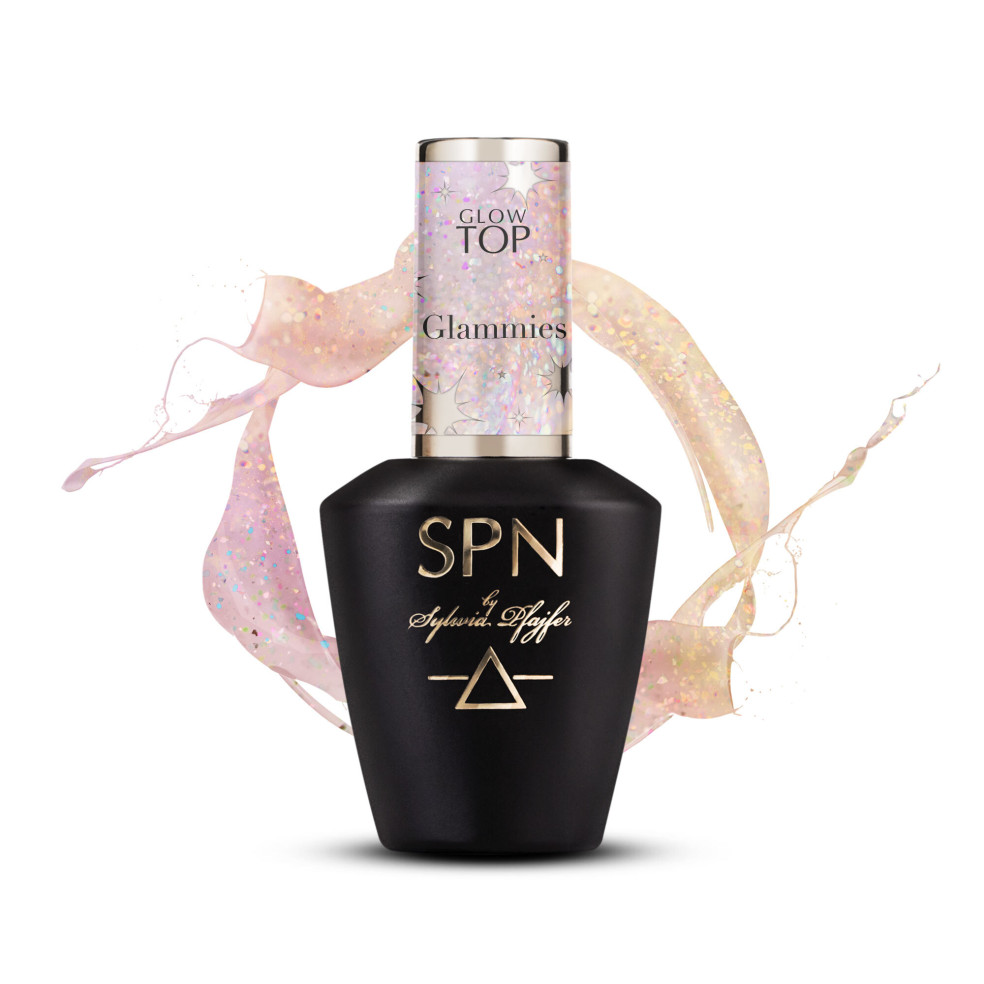 Opalizujący top hybrydowy Glow Top Glammies 10 ml SPN Nails z drobinkami - top No Wipe
