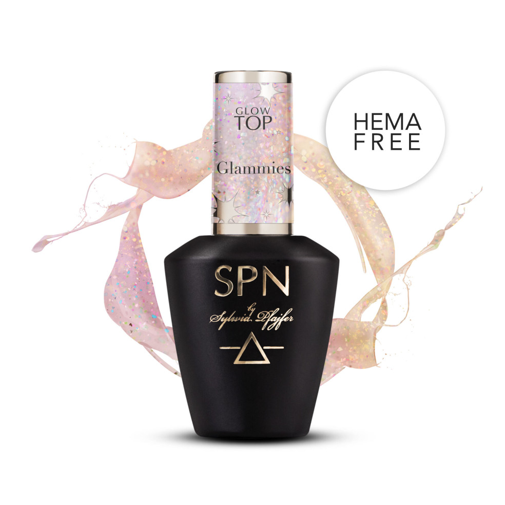 Opalizujący top hybrydowy Glow Top Glammies 10 ml SPN Nails z drobinkami - top No Wipe, HEMA Free