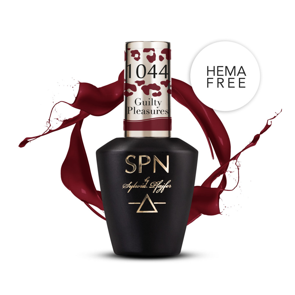 Lakier hybrydowy burgundowy 1044 Guilty Pleasures UV LaQ 8ml SPN Nails z oznaczeniem HEMA FREE