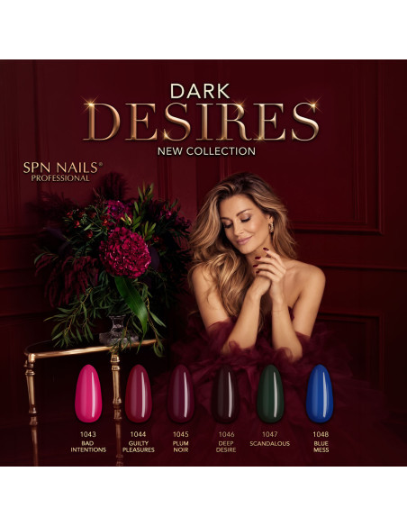 Kolekcja lakierów hybrydowych Dark Desires SPN Nails z wzornikiem kolorów i odcieniem 1046 Deep Desire