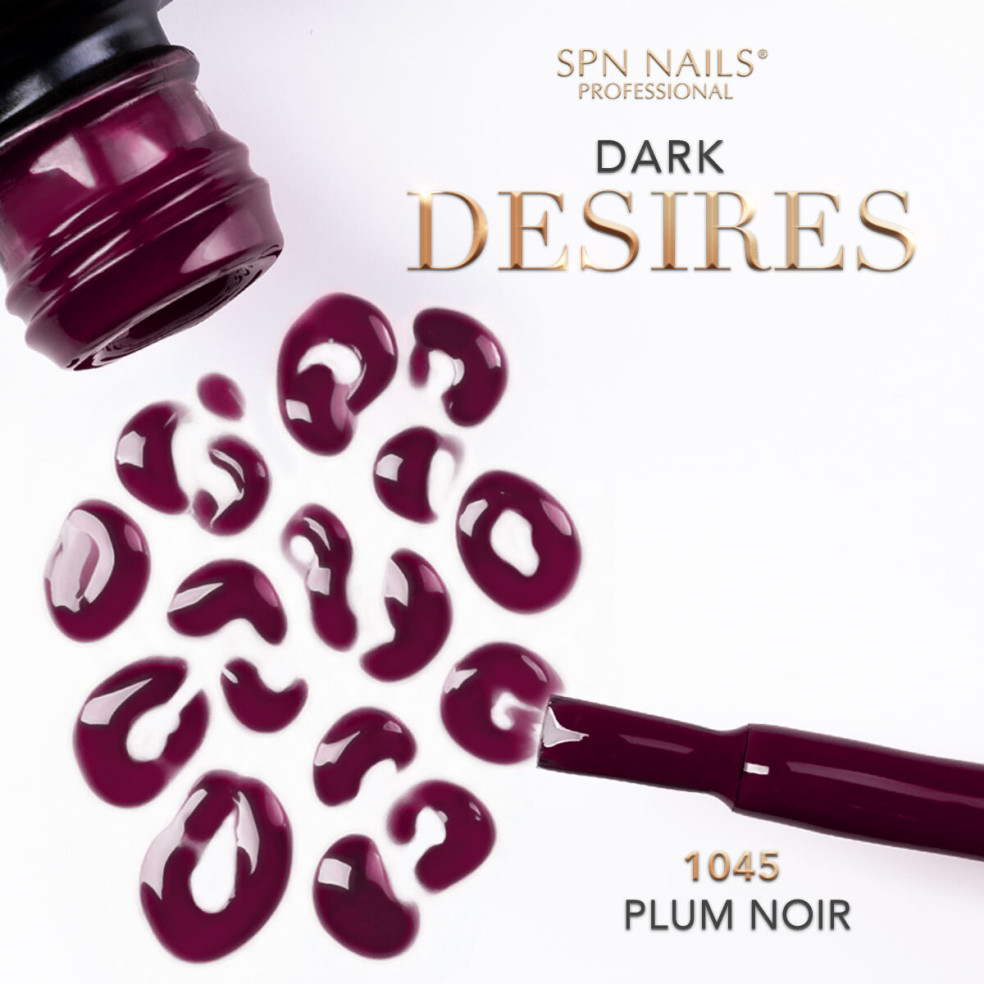 buteleczka z rozlanym bordowym lakierem hybrydowym 1045 Plum Noir