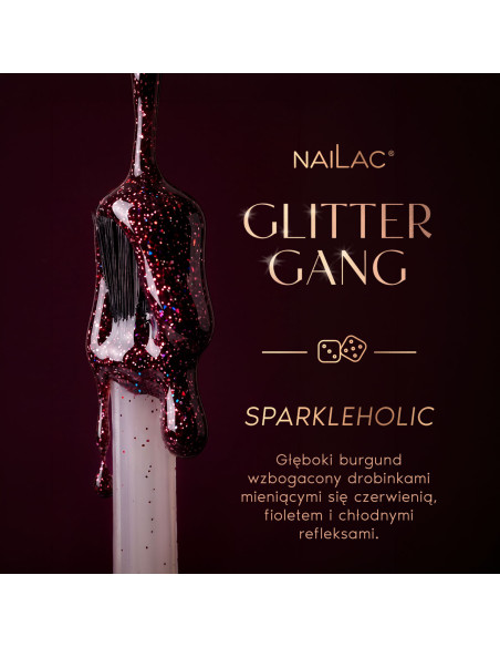 Sparkleholic z kolekcji Glitter Gang NaiLac - lakier hybrydowy burgundowy z brokatem