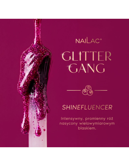Malinowy lakier hybrydowy z brokatem NaiLac spływający gęstymi kroplami z pędzelka - kolekcja Glitter Gang, odcień Shinefluencer